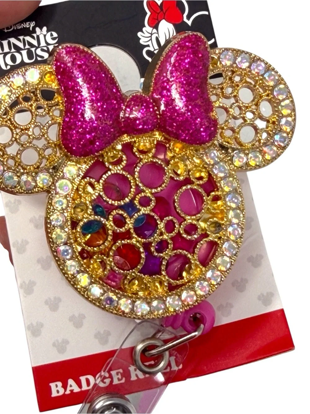 Disney Minnie Mouse Gold w/pink sparkly bow filled w/colorful beads Badge Reel